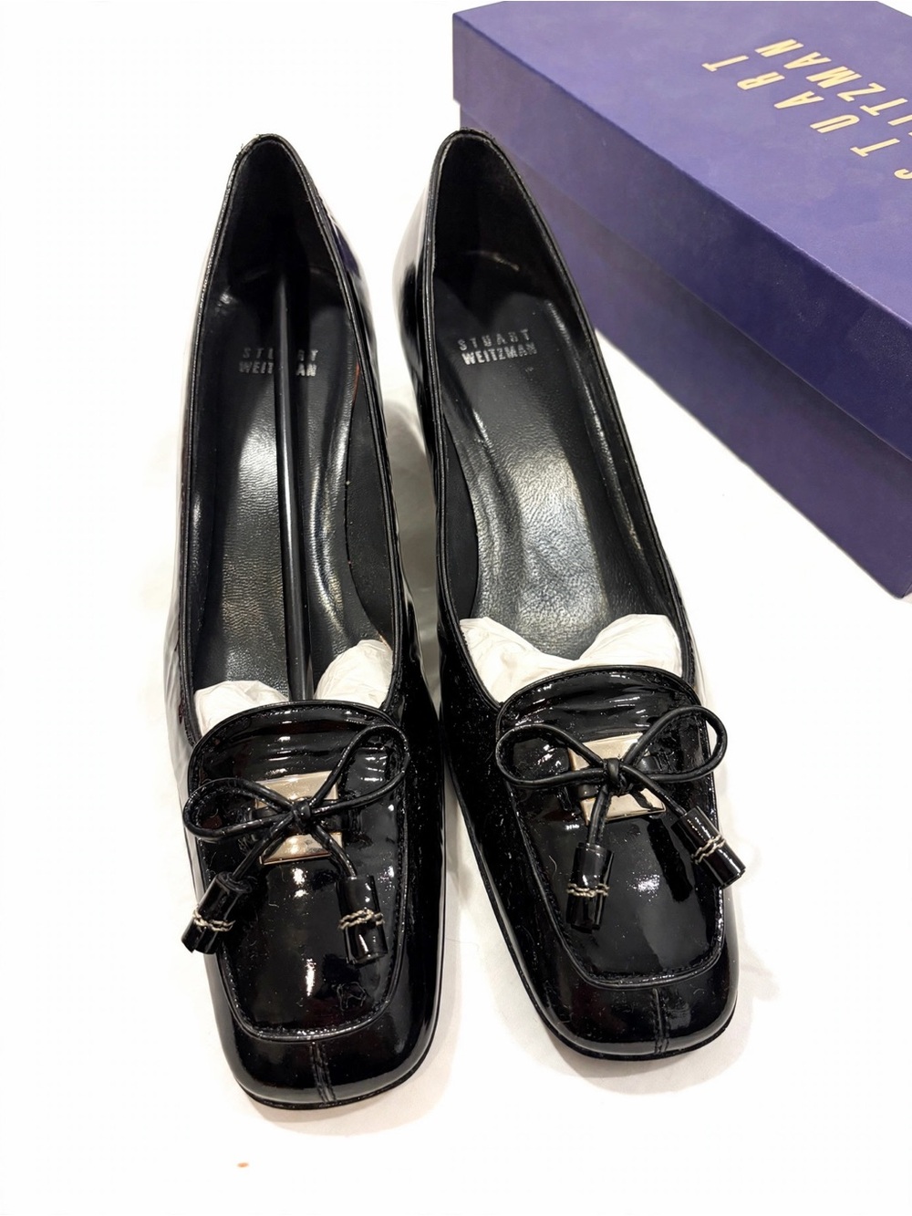 Stuart Weitzman Black Patent Leather Bow Loafers - Picture 2 of 5